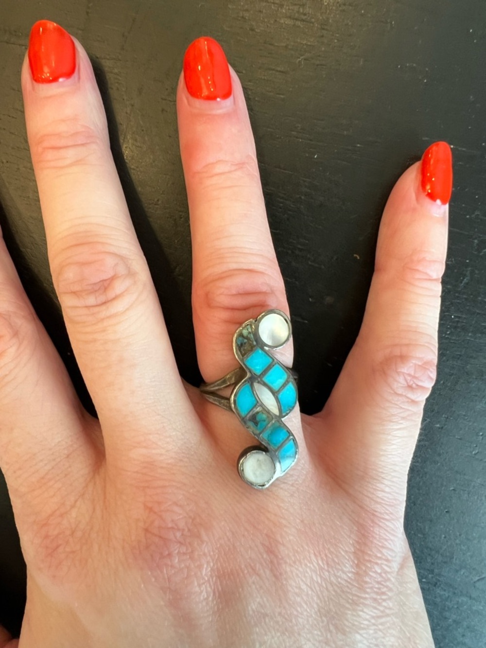 Vintage Turquoise and Mother of Pearl Inlay Scroll Southwestern Ring